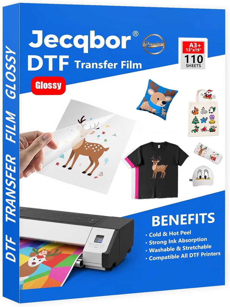Jecqbor DTF Transfer Film Paper 13x19" A3+ 110 Sheets for All DTF Printer&Dark Fabric, Photo Direct to Film Transfer Paper Sheets, Clear PET Heat Transfer Printable Paper for DIY Custom Logo T-Shirts Textile - Image 1